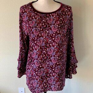LOFT Women Size Small Purple Floral Velveteen Neck Bell Sleeve Blouse